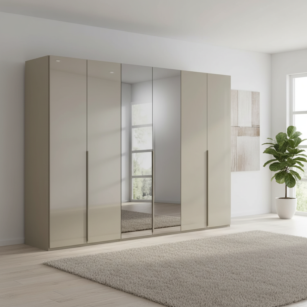 Rauch Heaven 300cm 6 Door Hinged Wardrobe with 4 Glass Doors and 2 Mirror Doors n Fango styled in a modern bedroom