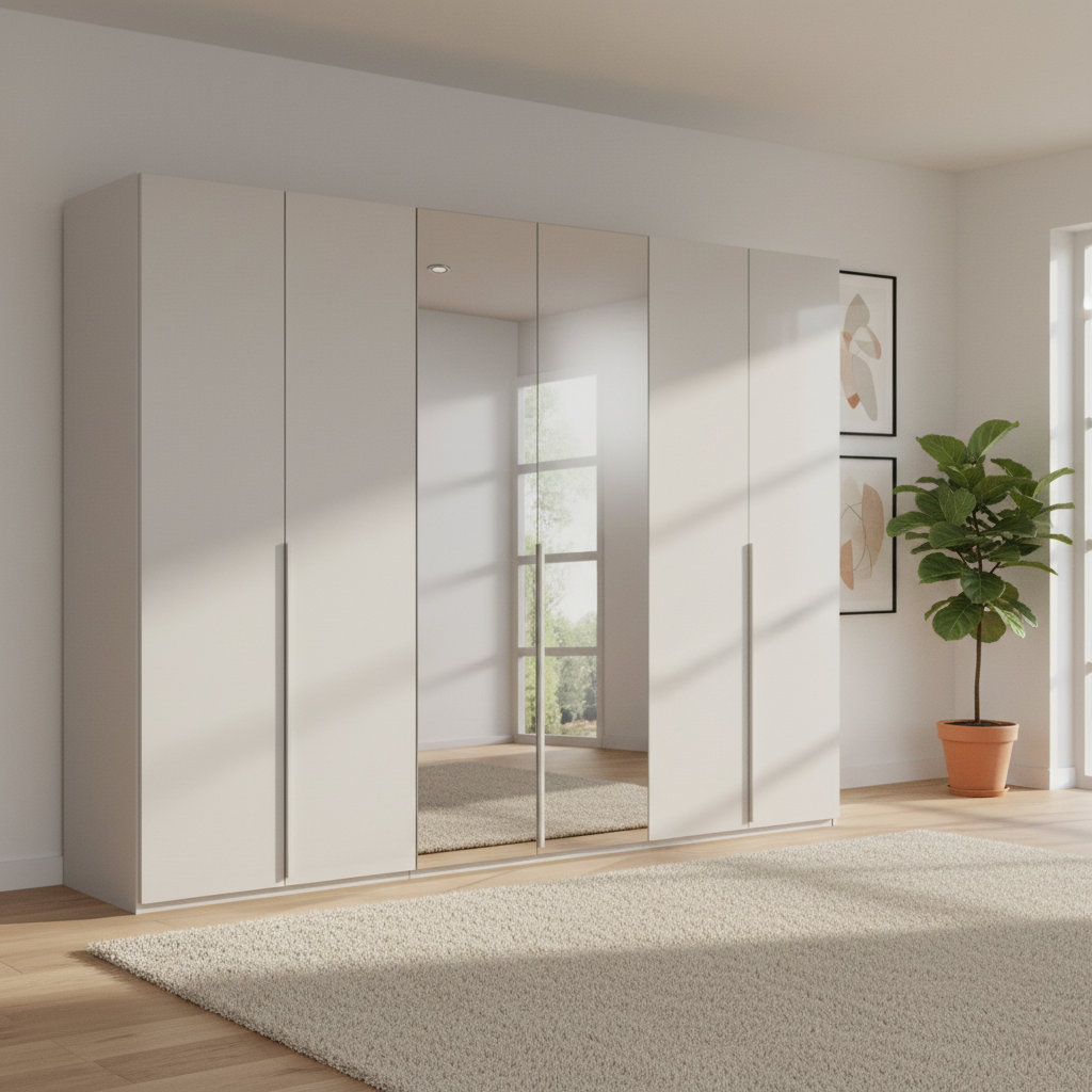 Rauch Heaven 300cm 6 Door Hinged Wardrobe with 4 Glass Doors and 2 Mirror Doors in Silk Grey styled in a modern bedroom