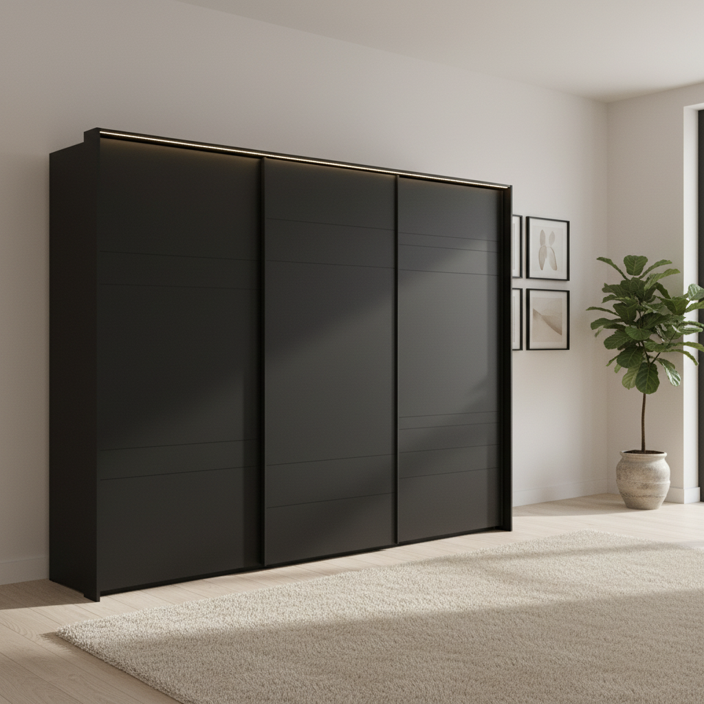 Rauch Heaven 300cm 3 Door Slider Wardrobe with Décor Doors & Lights in Black styled in a modern bedroom