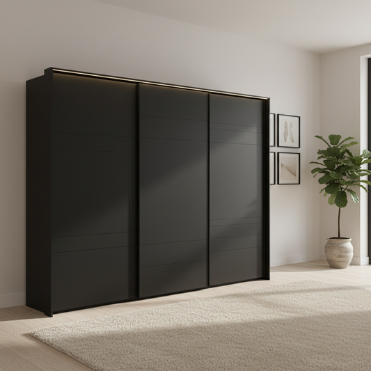 Rauch Heaven 300cm 3 Door Slider Wardrobe with Décor Doors & Lights in Black styled in a modern bedroom