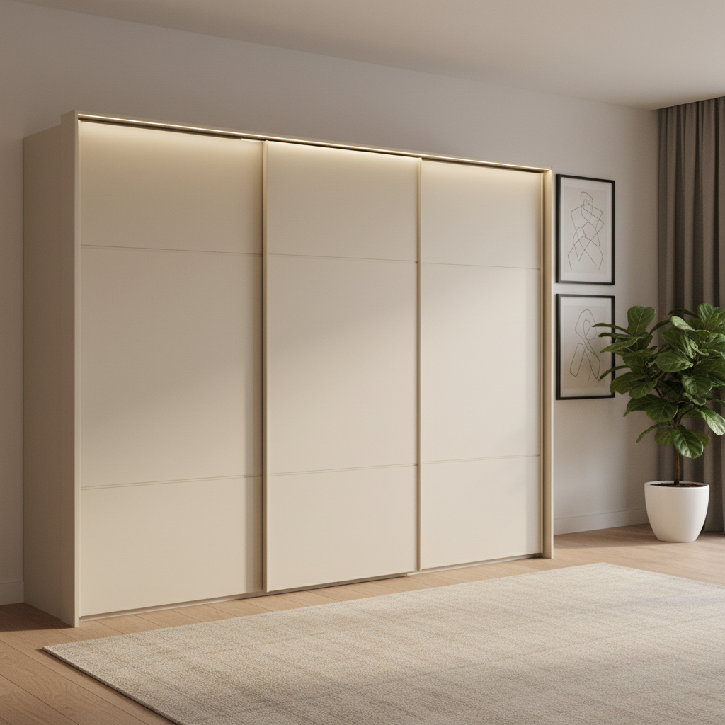Rauch Heaven 300cm 3 Door Slider Wardrobe with Décor Doors & Lights in Champagne styled in a modern bedroom