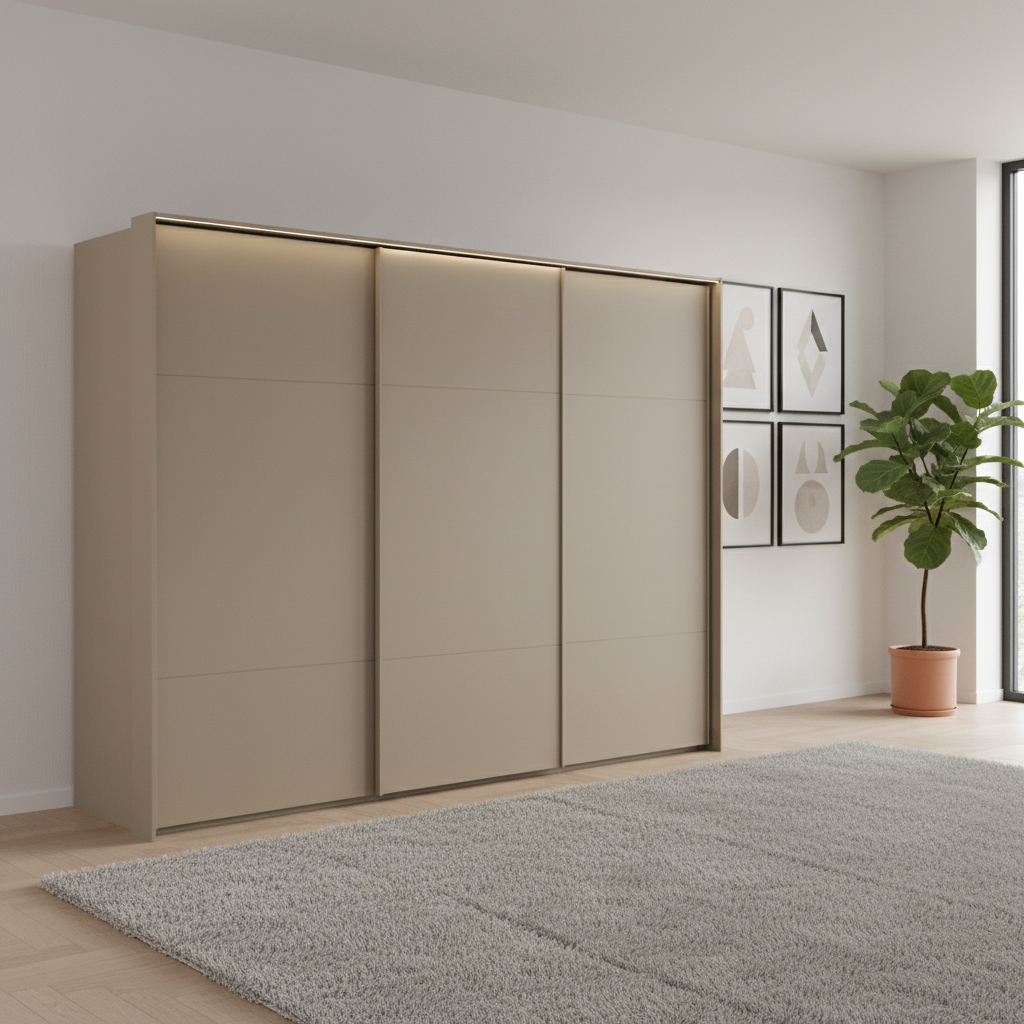 Rauch Heaven 300cm 3 Door Slider Wardrobe with Décor Doors & Lights in Fango styled in a modern bedroom