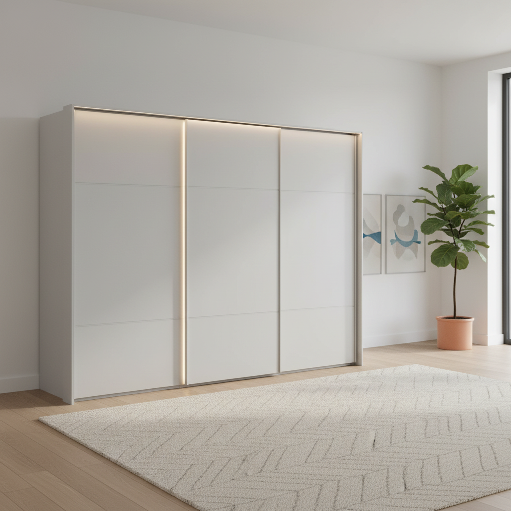 Rauch Heaven 300cm 3 Door Slider Wardrobe with Décor Doors & Lights in Silk Grey styled in a modern bedroom