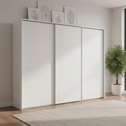 Rauch Heaven 300cm 3 Door Slider Wardrobe with Décor Doors in Alpine White styled in a modern bedroom