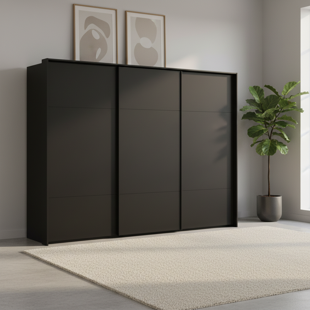 Rauch Heaven 300cm 3 Door Slider Wardrobe with Décor Doors in Black styled in a modern bedroom