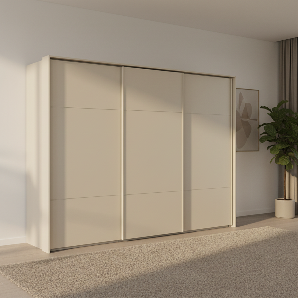 Rauch Heaven 300cm 3 Door Slider Wardrobe with Décor Doors in Champagne styled in a modern bedroom
