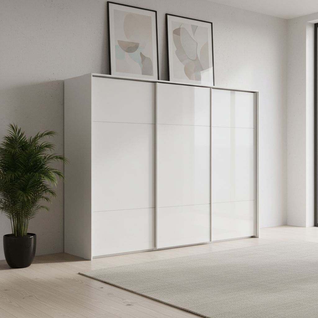 Rauch Heaven 300cm 3 Door Slider Wardrobe with Glass Doors in Alpine White styled in a modern bedroom