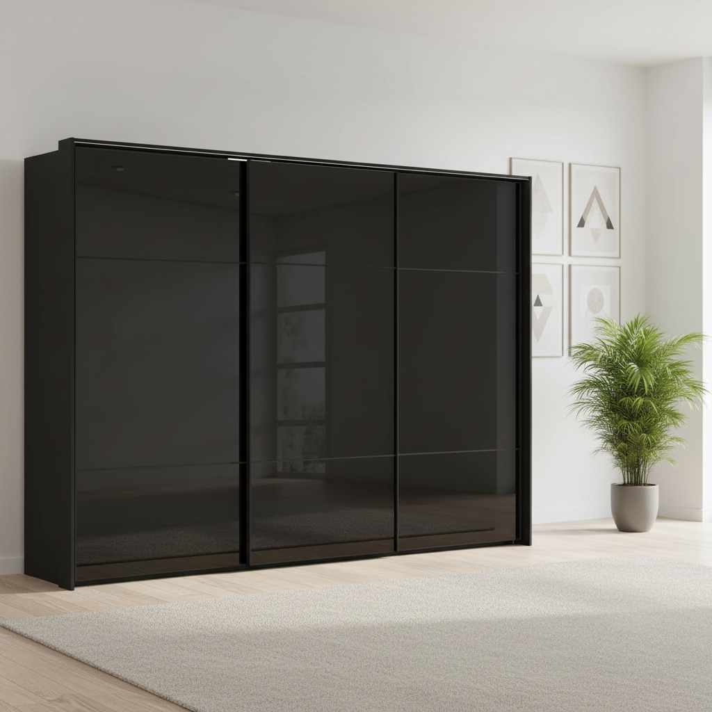 Rauch Heaven 300cm 3 Door Slider Wardrobe with Glass Doors and Lights in Black styled in a modern bedroom