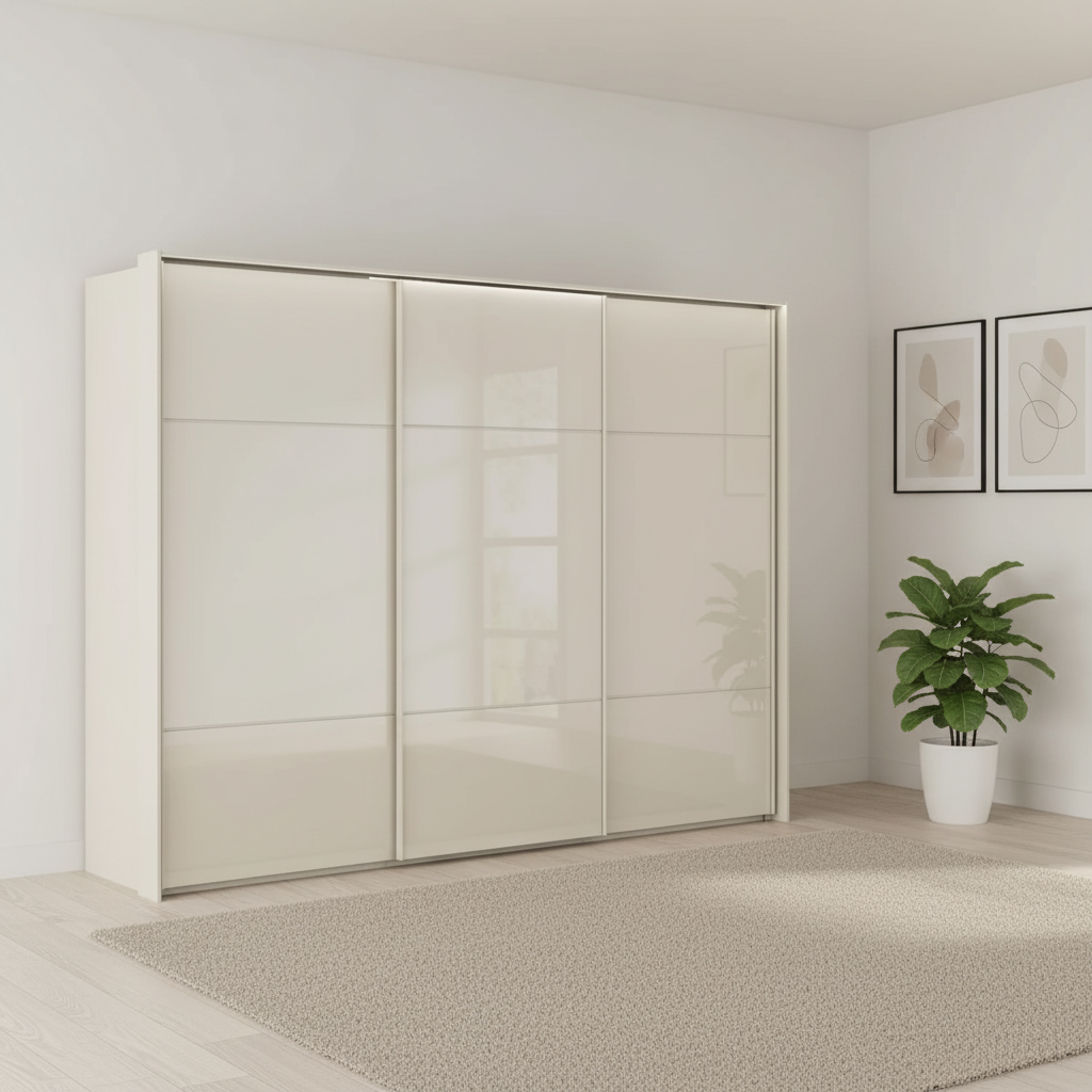 Rauch Heaven 300cm 3 Door Slider Wardrobe with Glass Doors and Lights in Champagne styled in a modern bedroom