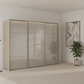 Rauch Heaven 300cm 3 Door Slider Wardrobe with Glass Doors and Lights in Fango styled in a modern bedroom