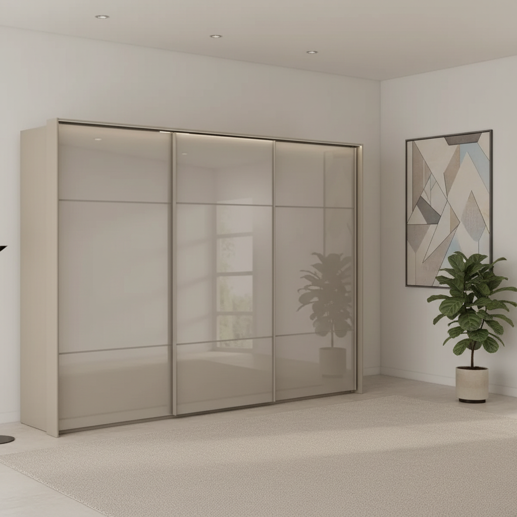 Rauch Heaven 300cm 3 Door Slider Wardrobe with Glass Doors and Lights in Fango styled in a modern bedroom