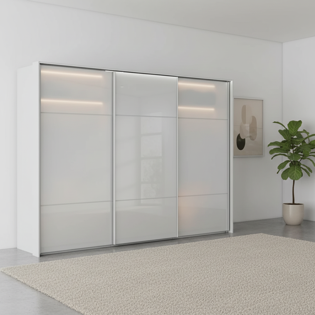 Rauch Heaven 300cm 3 Door Slider Wardrobe with Glass Doors and Lights in Silk Grey styled in a modern bedroom 