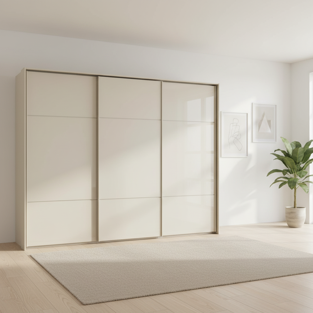 Rauch Heaven 300cm 3 Door Slider Wardrobe with Glass Doors in Champagne styled in a modern bedroom