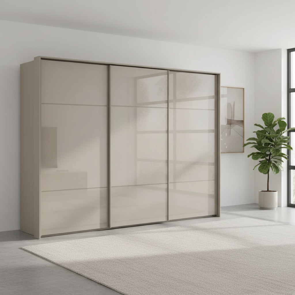 Rauch Heaven 300cm 3 Door Slider Wardrobe with Glass Doors in Fango styled in a modern bedroom