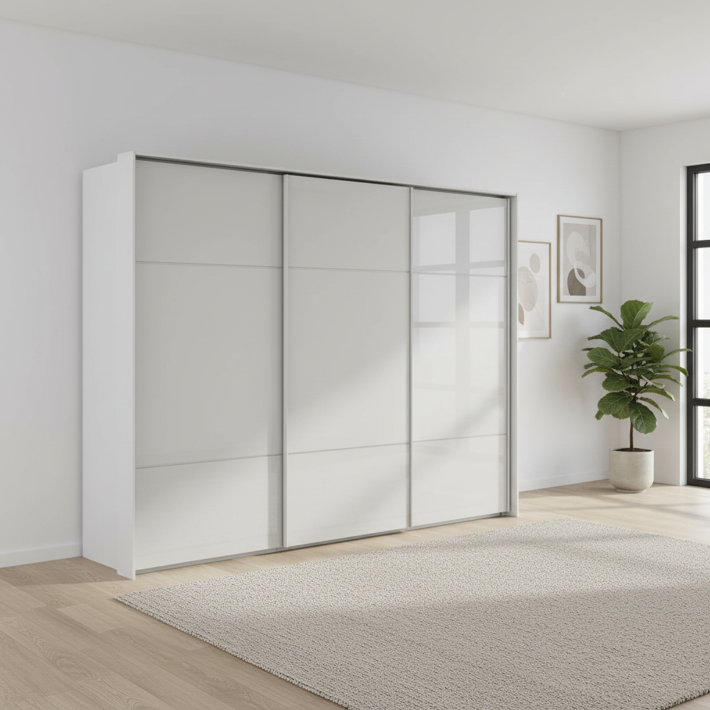 Rauch Heaven 300cm 3 Door Slider Wardrobe with Glass Doors in Silk Grey styled in a modern bedroom