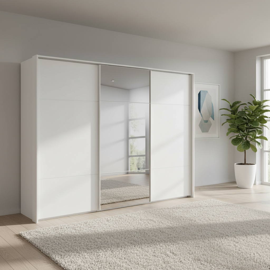 Rauch Heaven 300cm 3 Door Slider Wardrobe with 2 Décor Doors, 1 Mirror Door and Lights in Alpine White styled in a modern bedroom