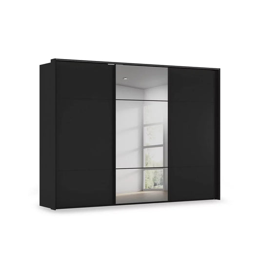 Rauch Heaven 3 Door Slider Wardrobe with 2 Décor Doors, 1 Mirror Door and Lights in Black