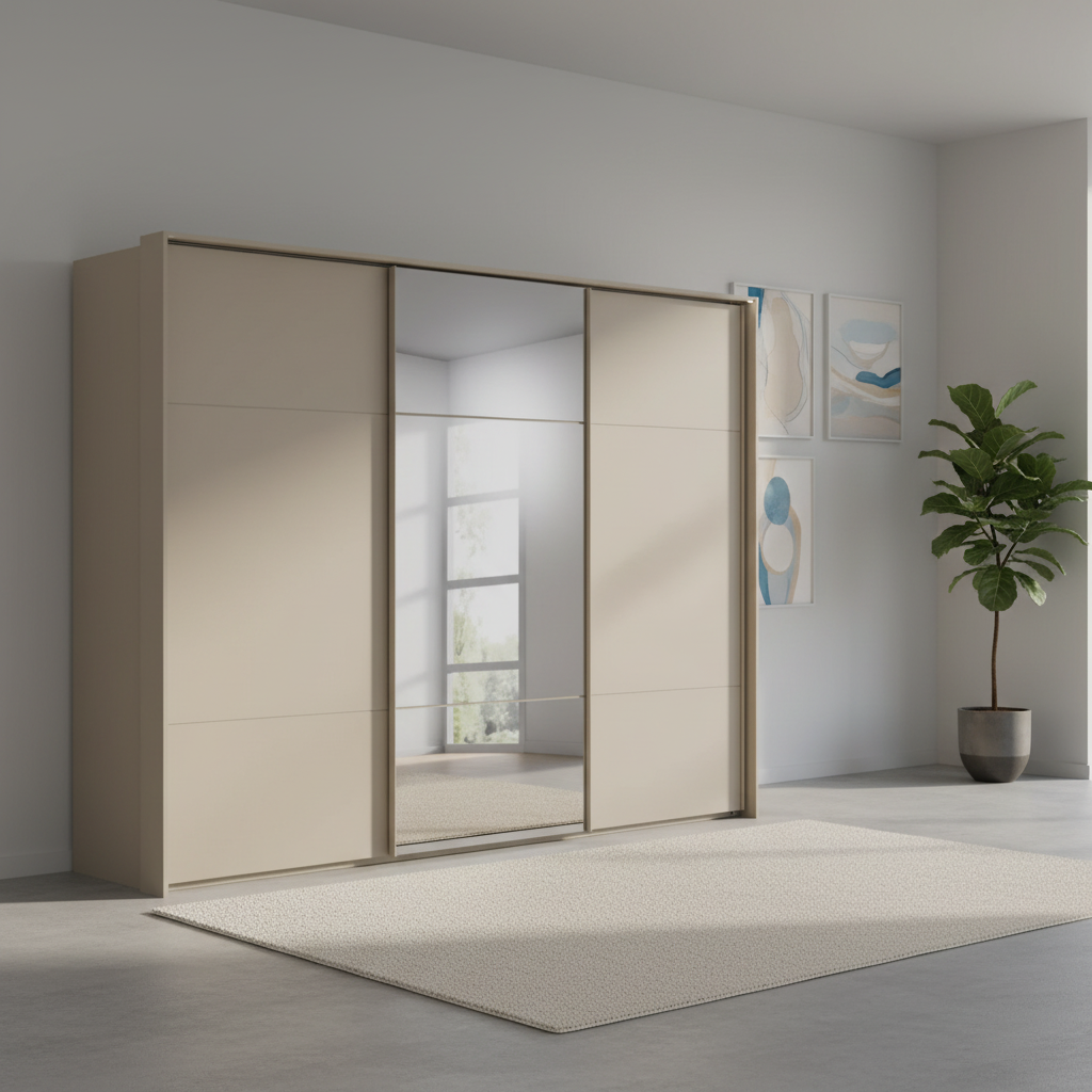 Rauch Heaven 300cm 3 Door Slider Wardrobe with 2 Décor Doors, 1 Mirror Door and Lights in Fango styled in a modern bedroom