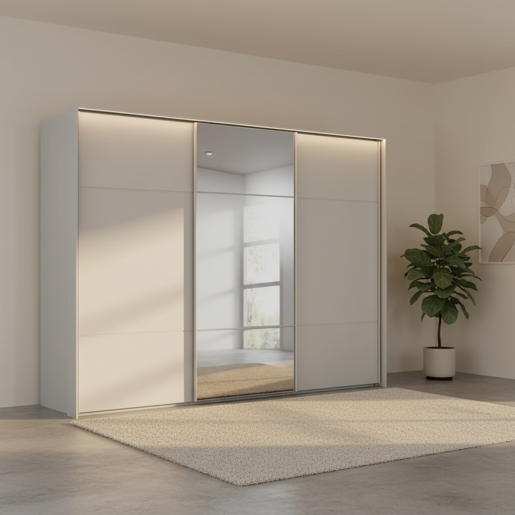Rauch Heaven 300cm 3 Door Slider Wardrobe with 2 Décor Doors, 1 Mirror Door and Lights in Silk Grey styled in a modern bedroom
