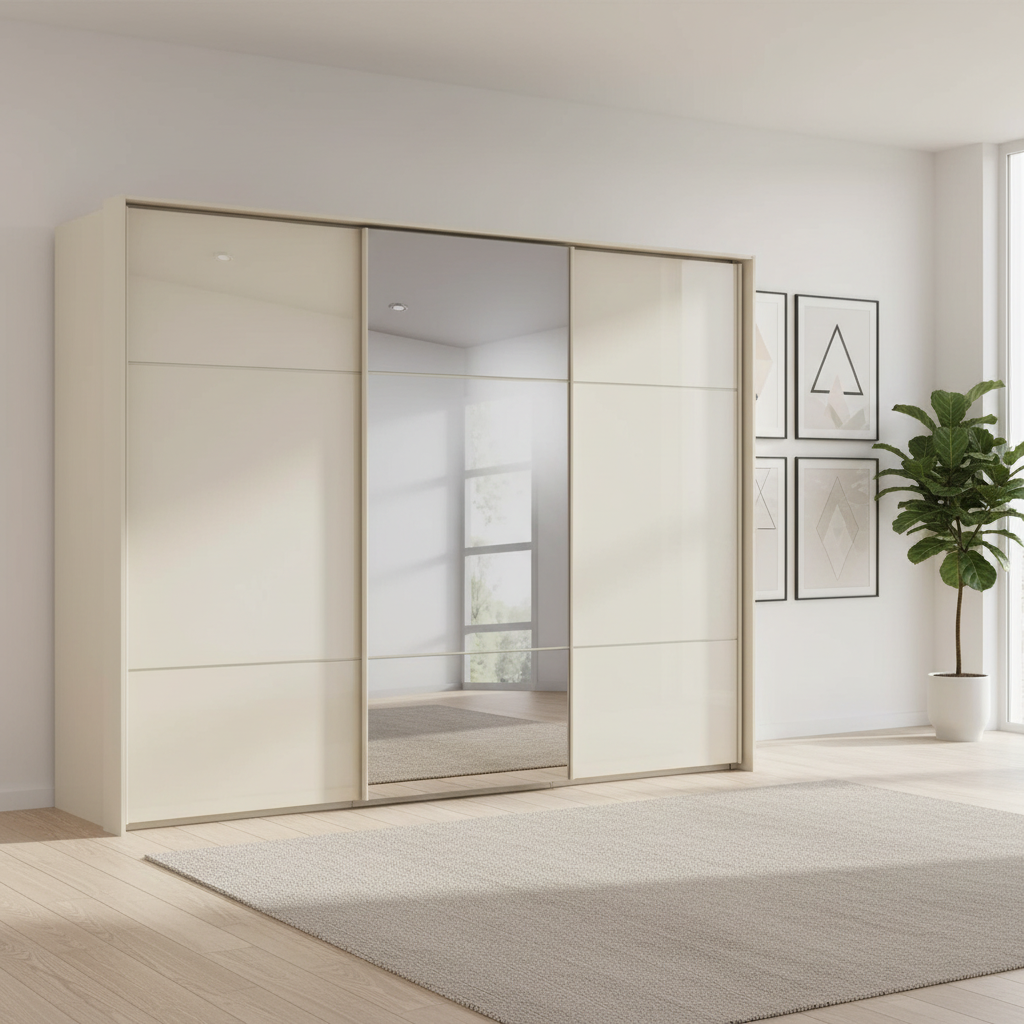 Rauch Heaven 300cm 3 Door Slider Wardrobe with 2 Glass Doors and 1 Mirror Door in Champagne styled in a modern bedroom