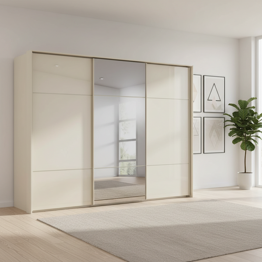 Rauch Heaven 300cm 3 Door Slider Wardrobe with 2 Glass Doors and 1 Mirror Door in Champagne styled in a modern bedroom