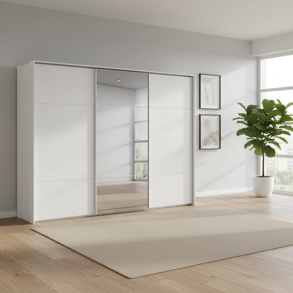 Rauch Heaven 300cm 3 Door Slider Wardrobe with 2 Glass Doors and 1 Mirror Door in Alpine White styled in a modern bedroom