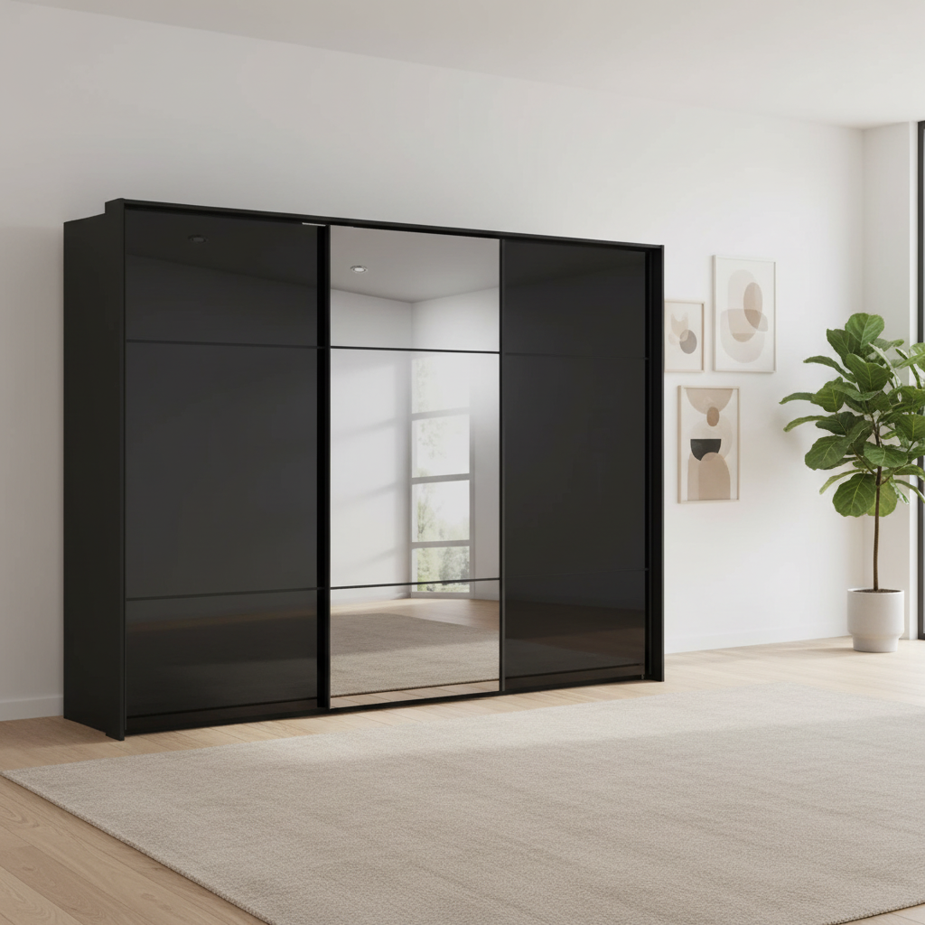 Rauch Heaven 300cm 3 Door Slider Wardrobe with 2 Glass Doors and 1 Mirror Door in Black styled in a modern bedroom