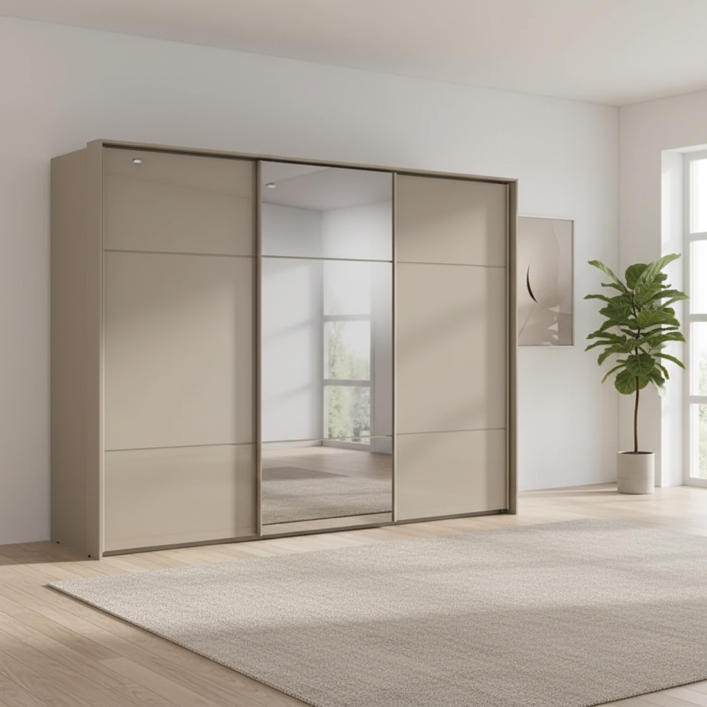 Rauch Heaven 300cm 3 Door Slider Wardrobe with 2 Glass Doors and 1 Mirror Door in Fango styled in a modern bedroom