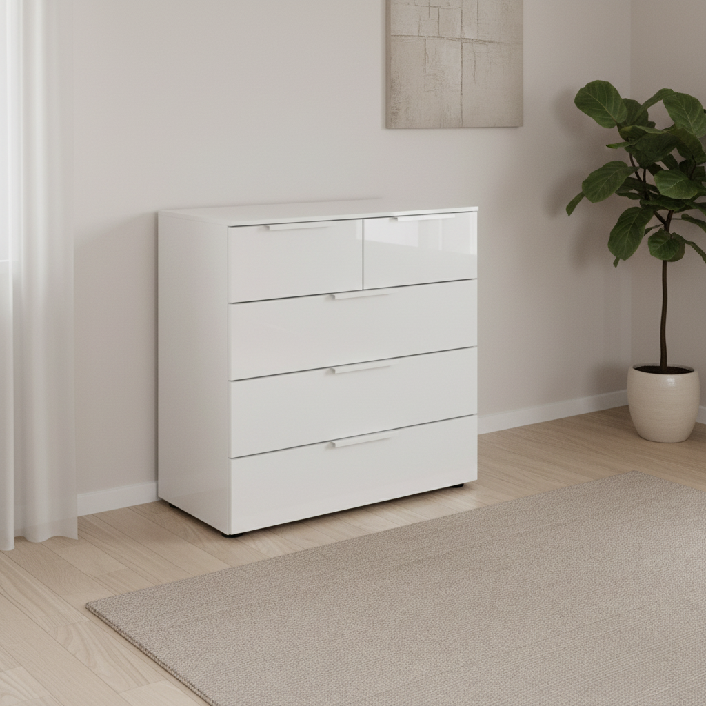 Rauch Heaven 3+2 Drawer Chest with Glass Front in Alpine White styled in a modern room