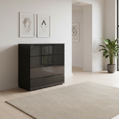 Rauch Heaven 3+2 Drawer Chest with Glass Front in Black styled in a modern room