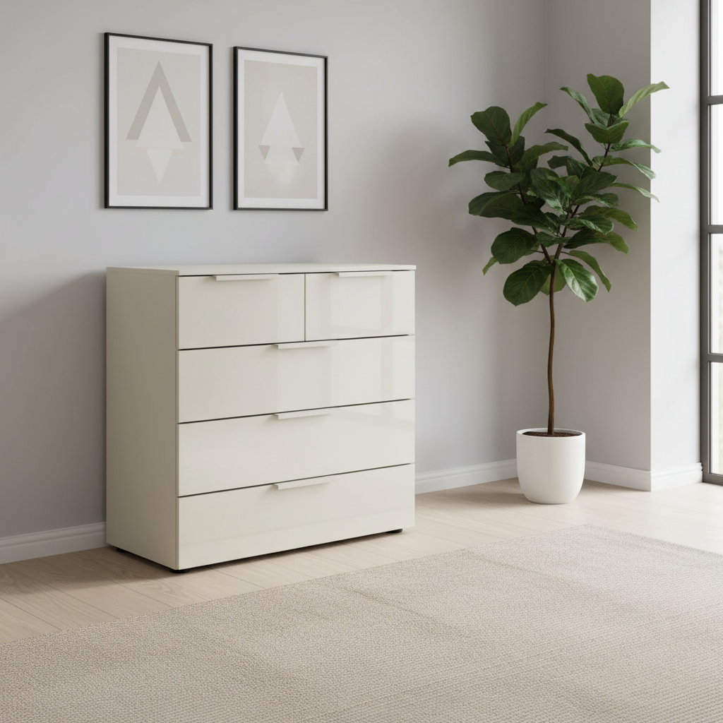 Rauch Heaven 3+2 Drawer Chest with Glass Front in Champagne styled in a modern room