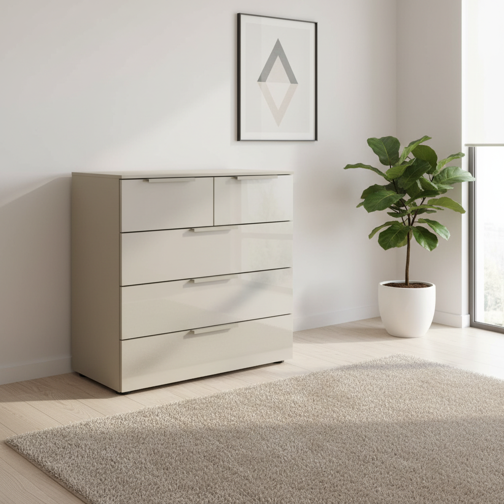 Rauch Heaven 3+2 Drawer Chest with Glass Front in Fango styled in a modern room