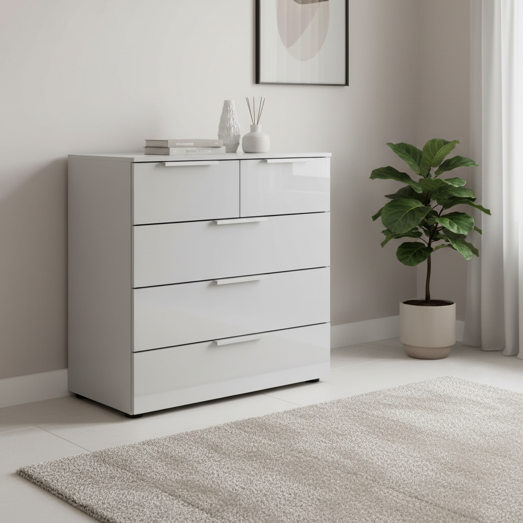 Rauch Heaven 3+2 Drawer Chest with Glass Front in Silk Grey styled in a modern room