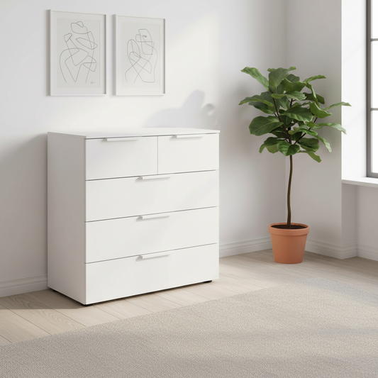 Rauch Heaven 3+2 Drawer Décor Chest in Alpine White styled in a modern room