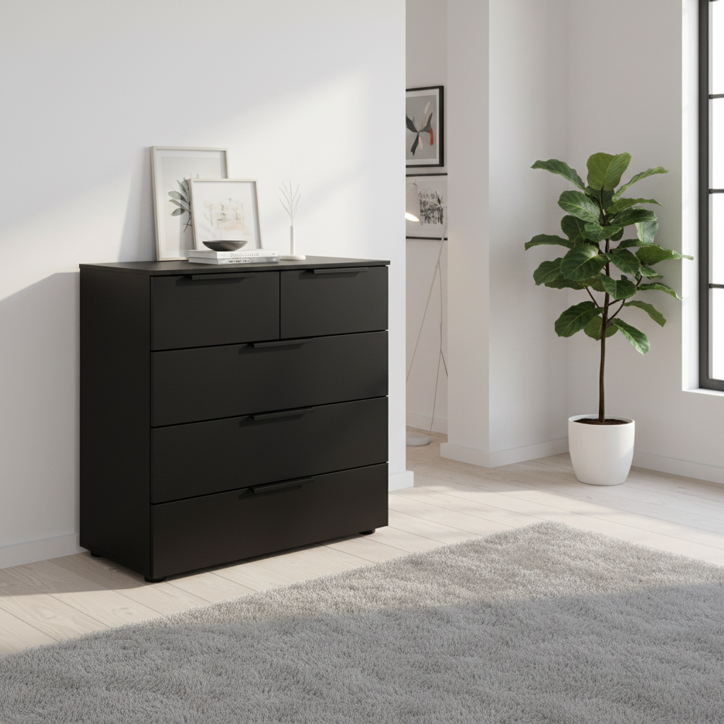 Rauch Heaven 3+2 Drawer Décor Chest in Black styled in a modern room