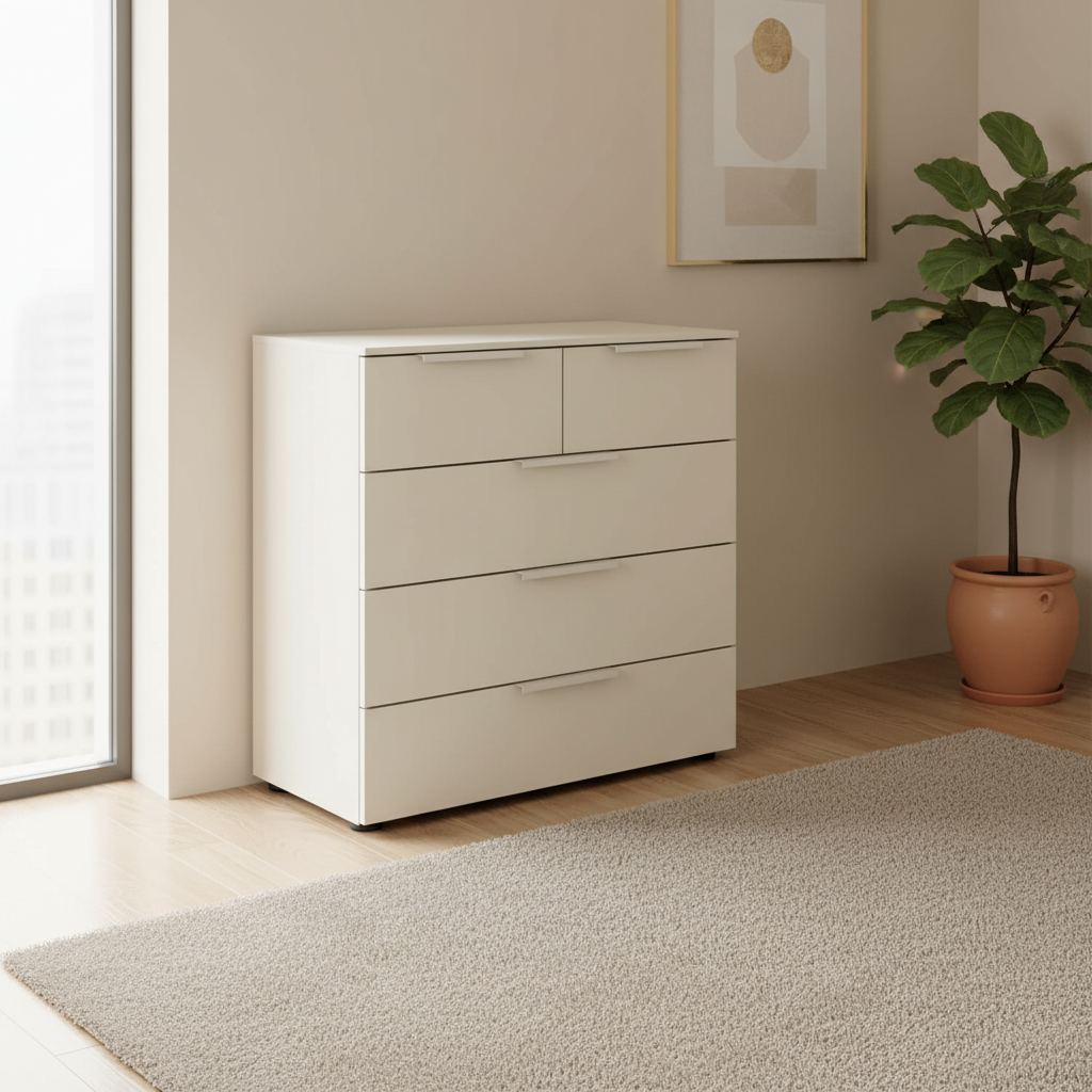 Rauch Heaven 3+2 Drawer Décor Chest in Champagne styled in a modern room