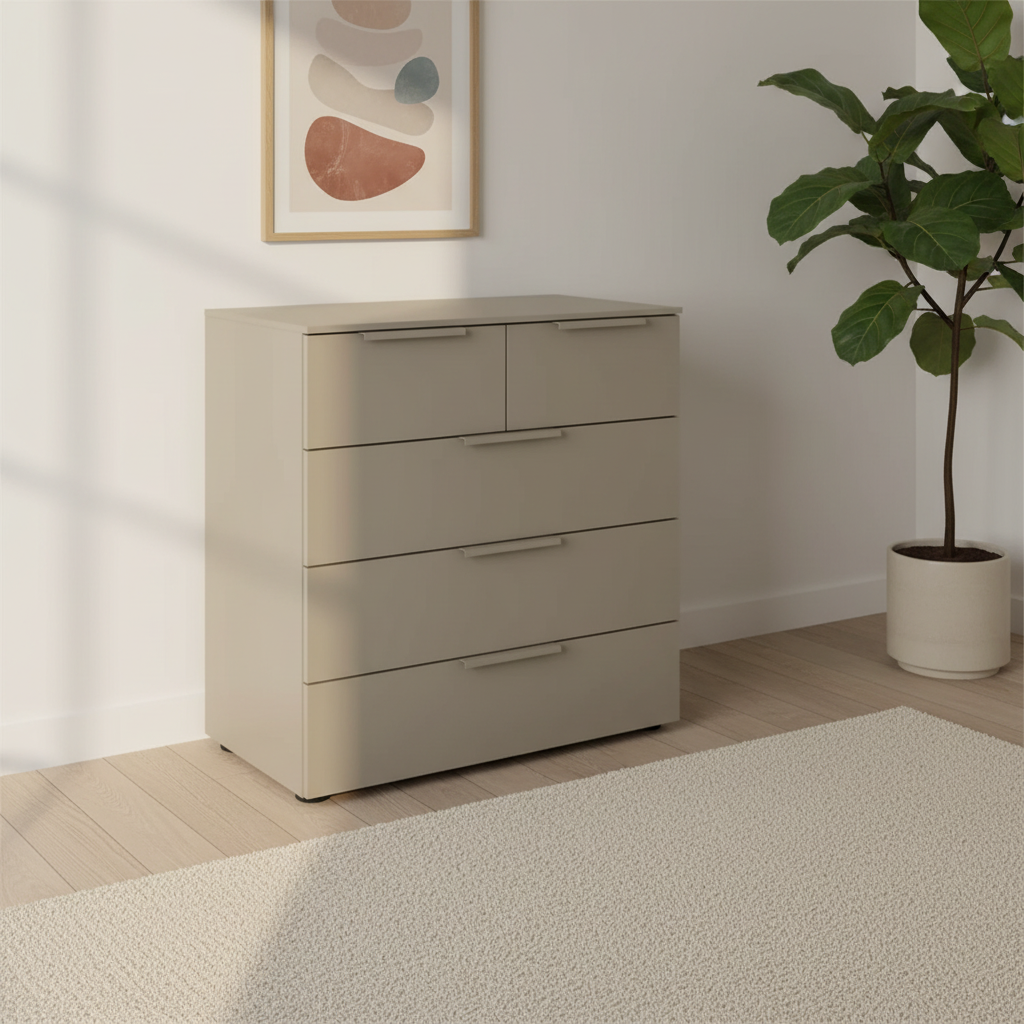 Rauch Heaven 3+2 Drawer Décor Chest in Fango styled in a modern room