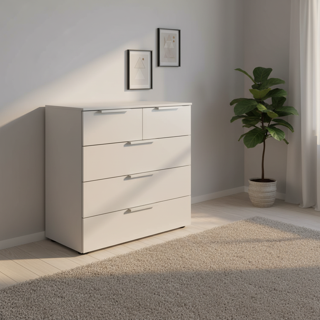 Rauch Heaven 3+2 Drawer Décor Chest in Silk Grey styled in a modern room