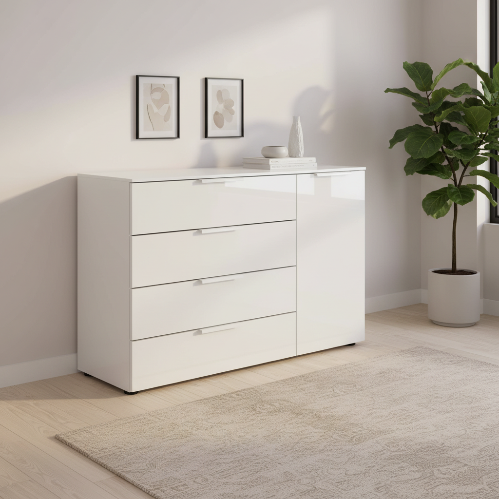 Rauch Heaven 4 Drawer 1 Door Glass Chest with Glass Top and Front in Alpine White styled in a modern room