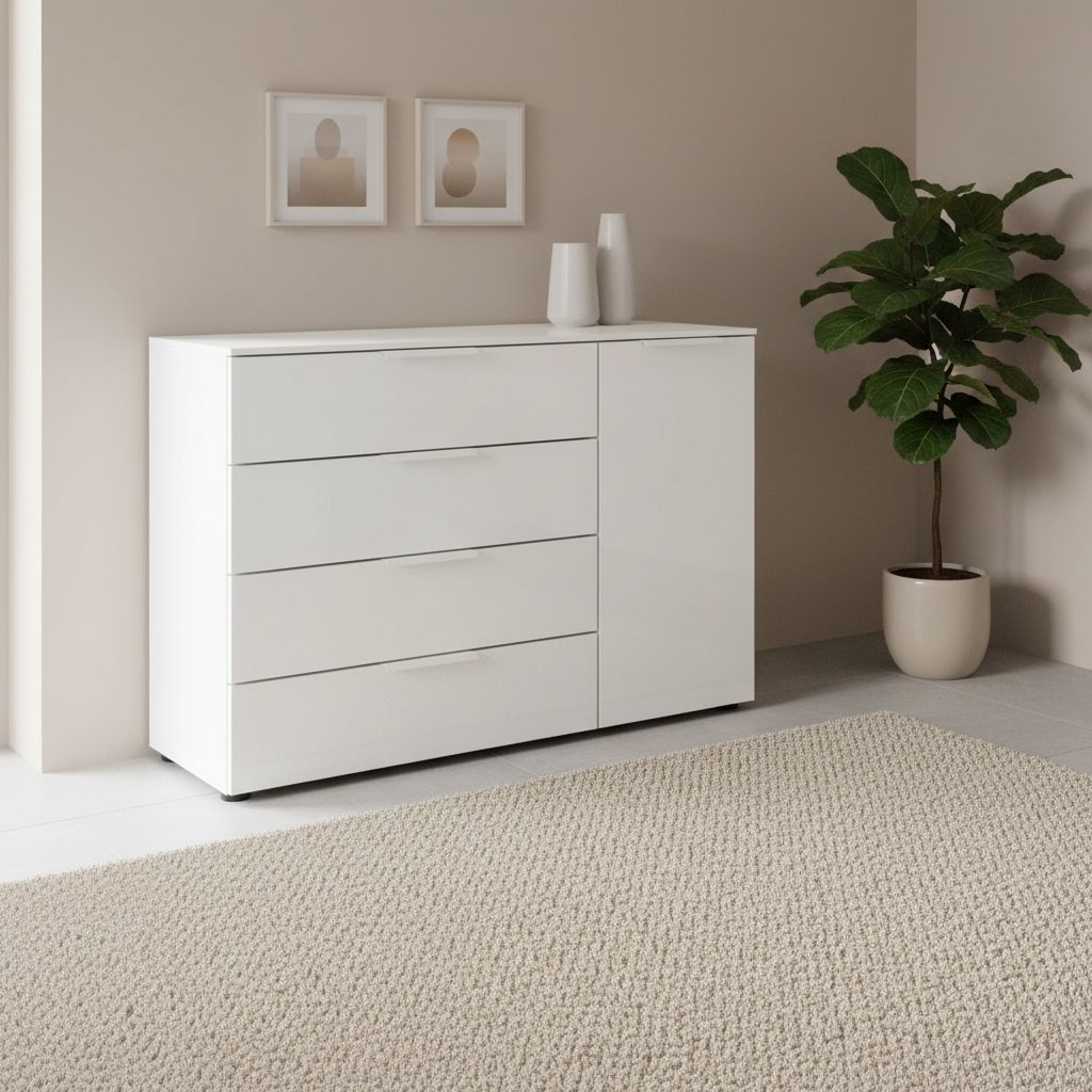 Rauch Heaven 4 Drawer 1 Door Chest with Glass Front in Alpine White styled in a modern room