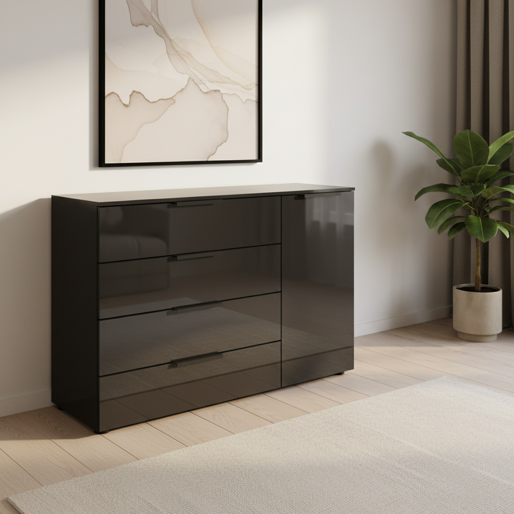 Rauch Heaven 4 Drawer 1 Door Glass Chest with Glass Top and Front in Black styled in a modern room