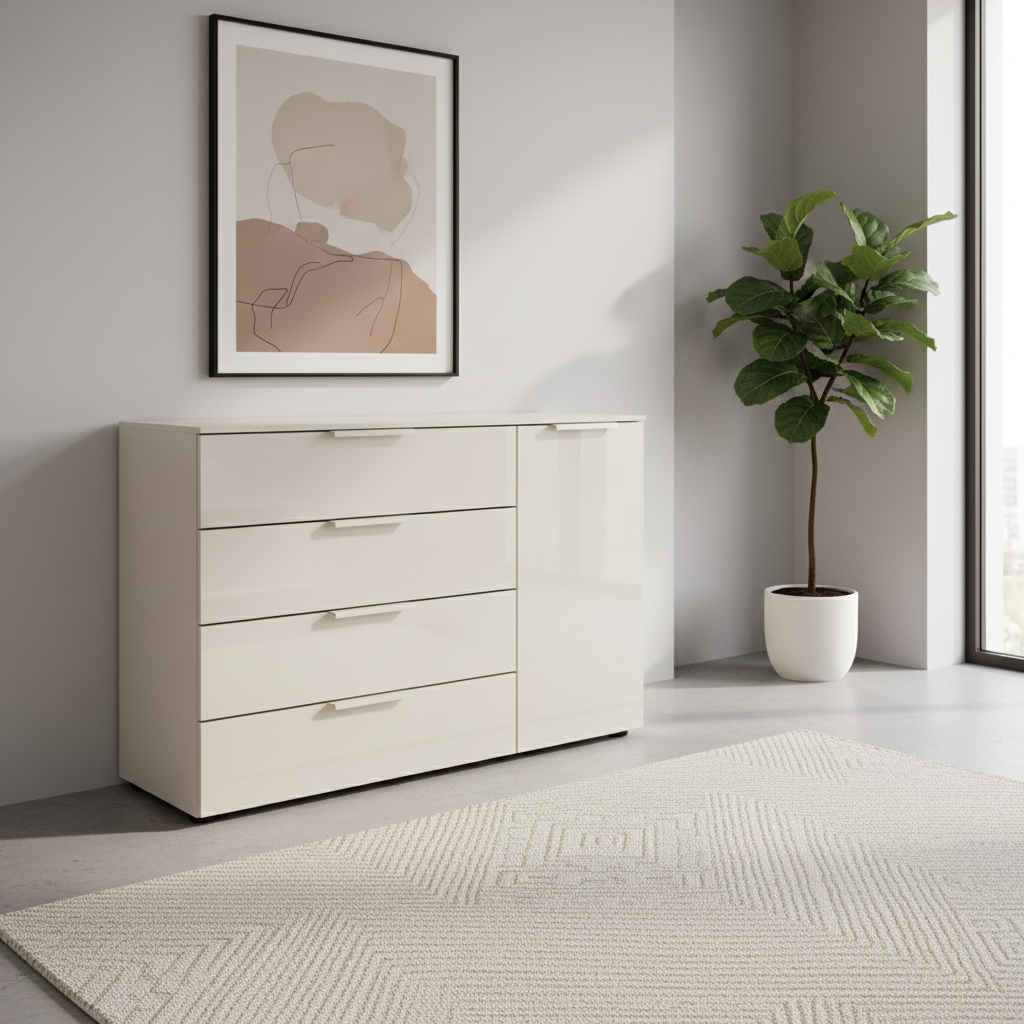 Rauch Heaven 4 Drawer 1 Door Glass Chest with Glass Top and Front in Champagne styled in a modern room