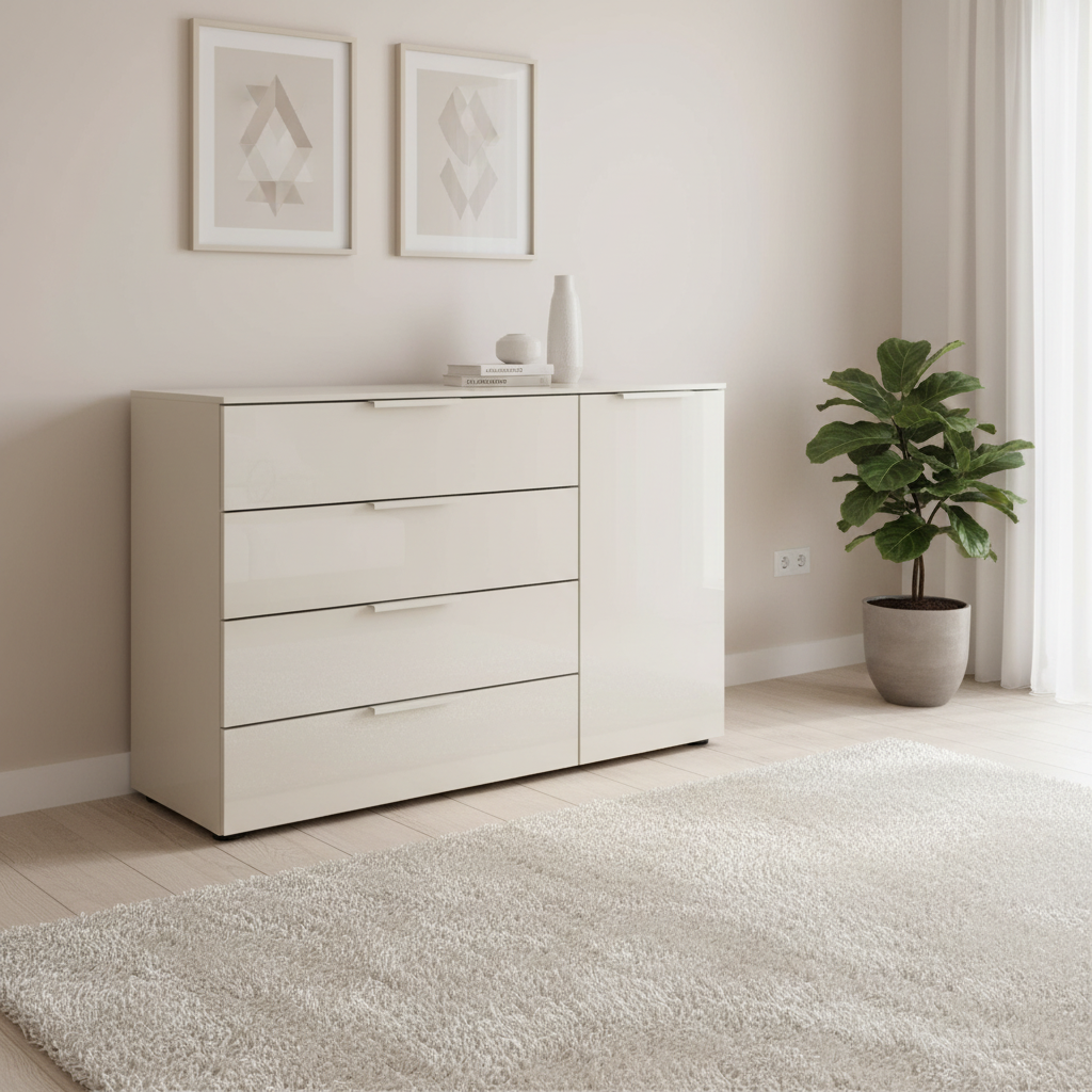 Rauch Heaven 4 Drawer 1 Door Chest with Glass Front in Champagne styled in a modern room