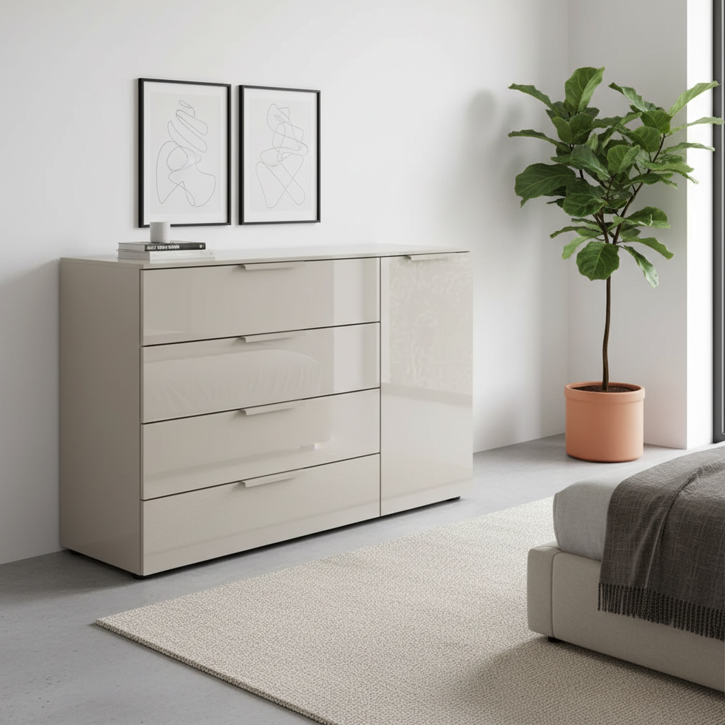Rauch Heaven 4 Drawer 1 Door Glass Chest with Glass Top and Front in Fango styled in a modern room