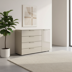 Rauch Heaven 4 Drawer 1 Door Chest with Glass Front in Fango styled in a modern room