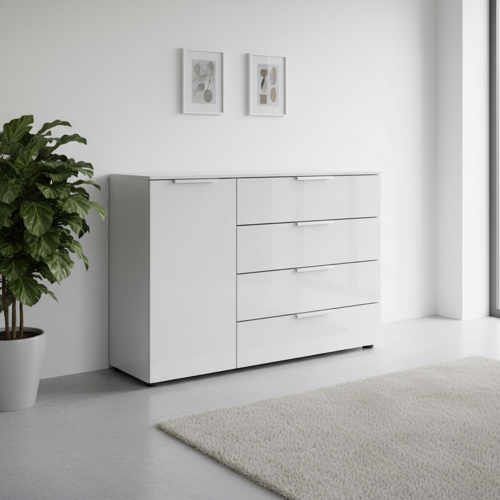 Rauch Heaven 4 Drawer 1 Door Glass Chest with Glass Top and Front in Silk Grey styled in a modern room