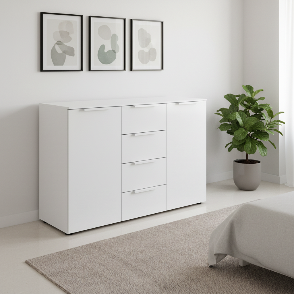 Rauch Heaven 4 Drawer 2 Door Décor Chest in Alpine White styled in a modern room