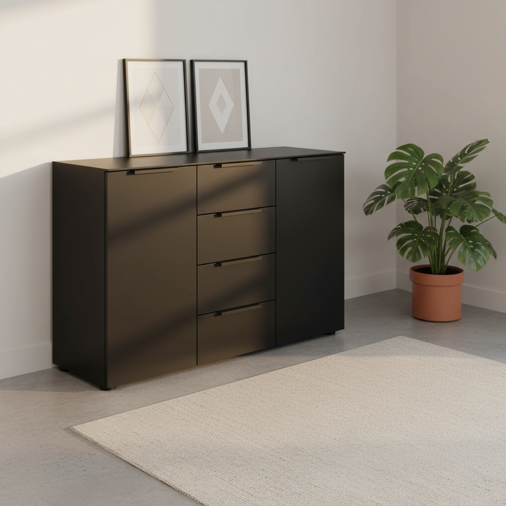 Rauch Heaven 4 Drawer 2 Door Décor Chest in Black styled in a modern room
