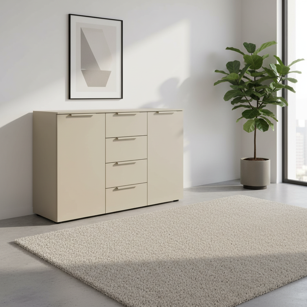 Rauch Heaven 4 Drawer 2 Door Décor Chest in Fango styled in a modern room