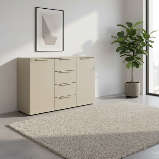 Rauch Heaven 4 Drawer 2 Door Décor Chest in Fango styled in a modern room